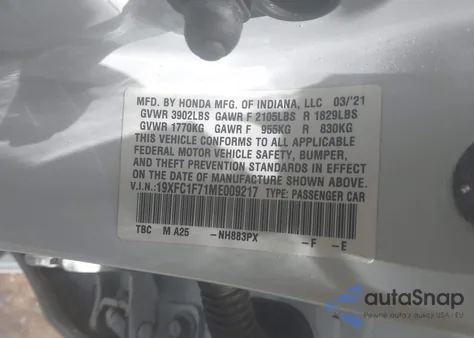 2021 Honda Civic Ex-L из США, поврежденный, VIN 19XFC1F71ME009217